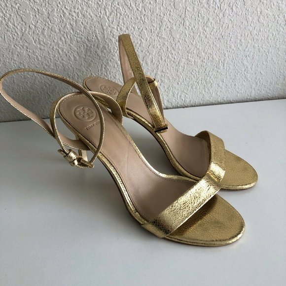 Tory Burch Women's Elana Sandals Size 8.5 M Metallic Gold Strappy Heels 85 mm - Picture 2 of 12